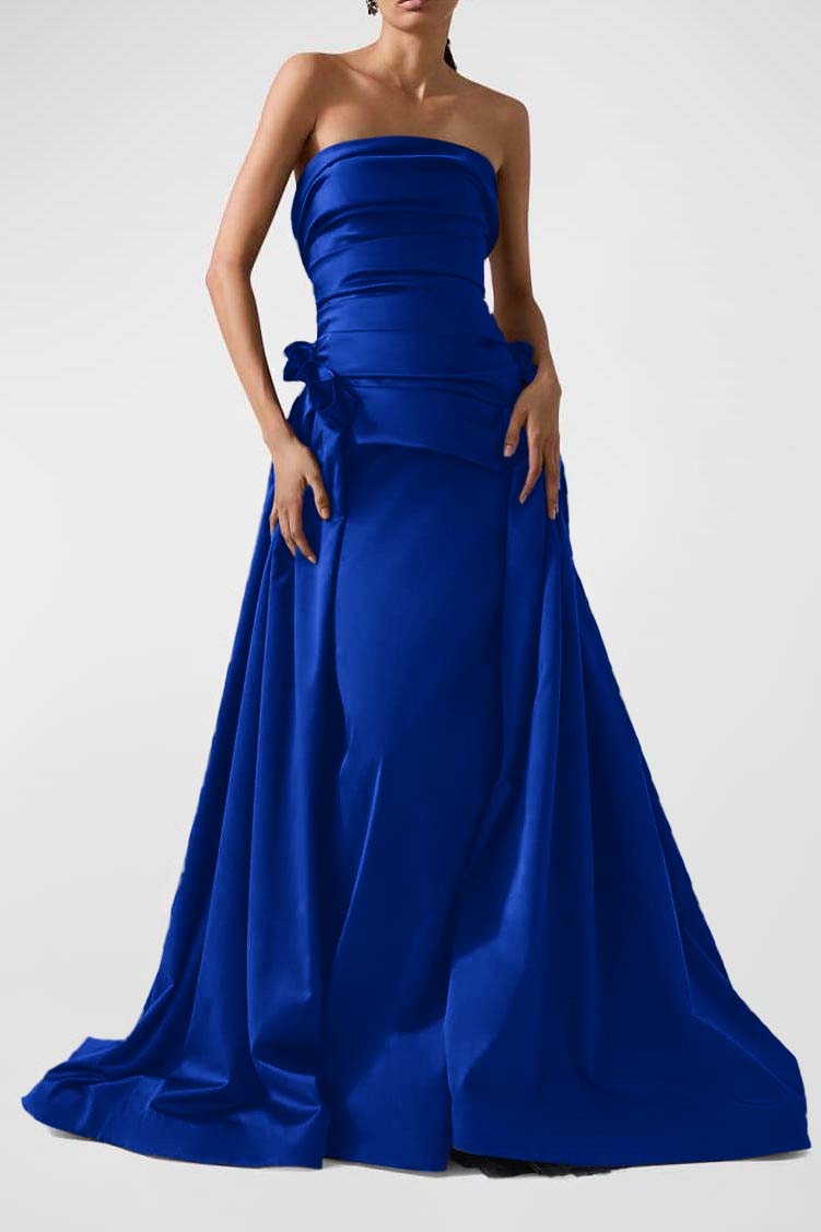 Strapless Backless Sleeveless Long A Line Prom Dress With Pleated BMBRIDE