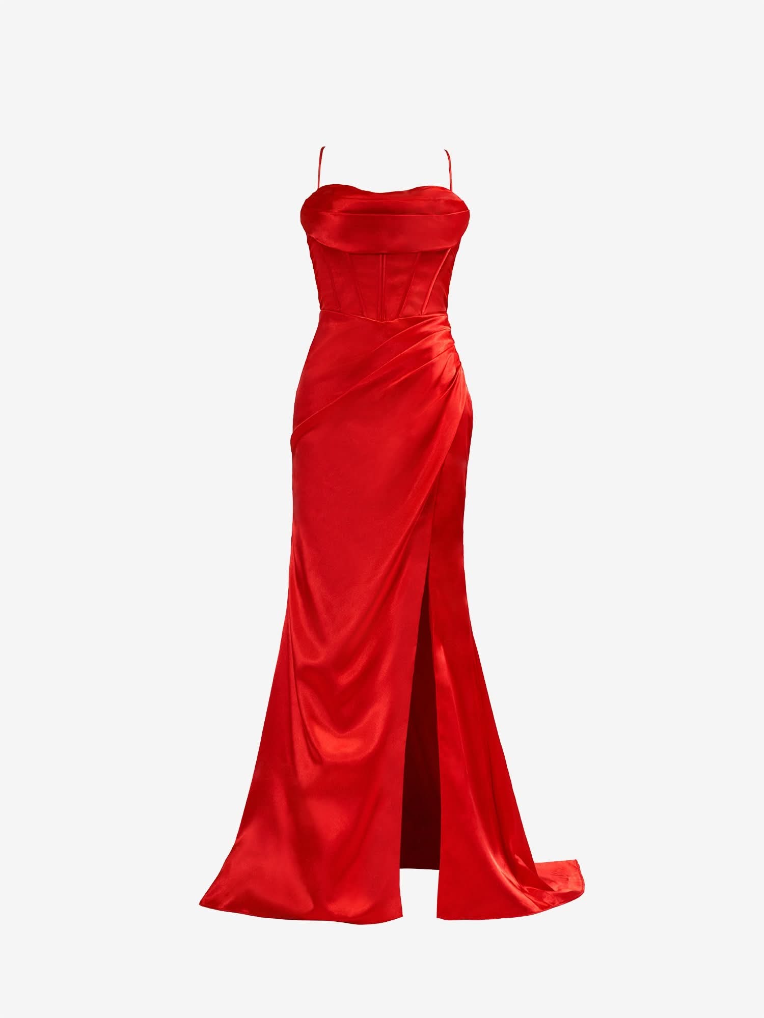 Captivating Red Spaghetti Straps Satin Mermaid Prom Dress with Slit BM bride