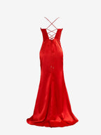 Captivating Red Spaghetti Straps Satin Mermaid Prom Dress with Slit BM bride
