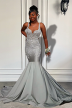 Sliver Spaghetti Strap Sleeveless Mermaid Prom Dress Trumpet With Flower Appliques