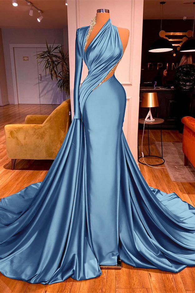 One Shoulder Long Beading Prom Dress Mermaid With Long Sleeve BMBRIDE