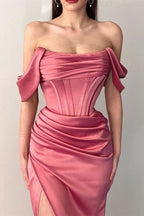 Dusty Rose Off-The-Shoulder Mermaid Prom Dress with Pleats and Split BM bride