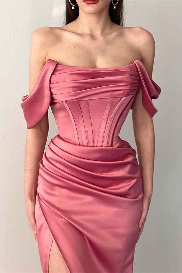 Off the Shoulder Strapless Dusty Rose Pleated Prom Dress Mermaid With Split