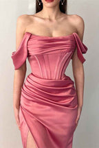 Off the Shoulder Strapless Dusty Rose Pleated Prom Dress Mermaid With Split