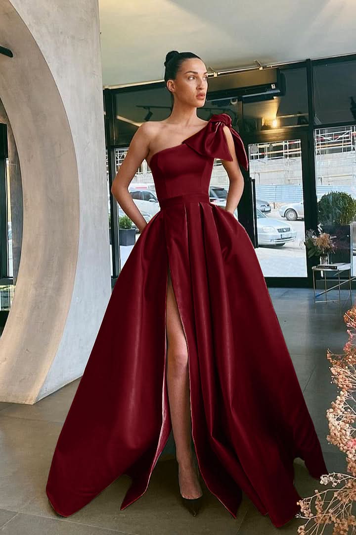 Yellow One-Shoulder Prom Dress Split with Pockets BM bride
