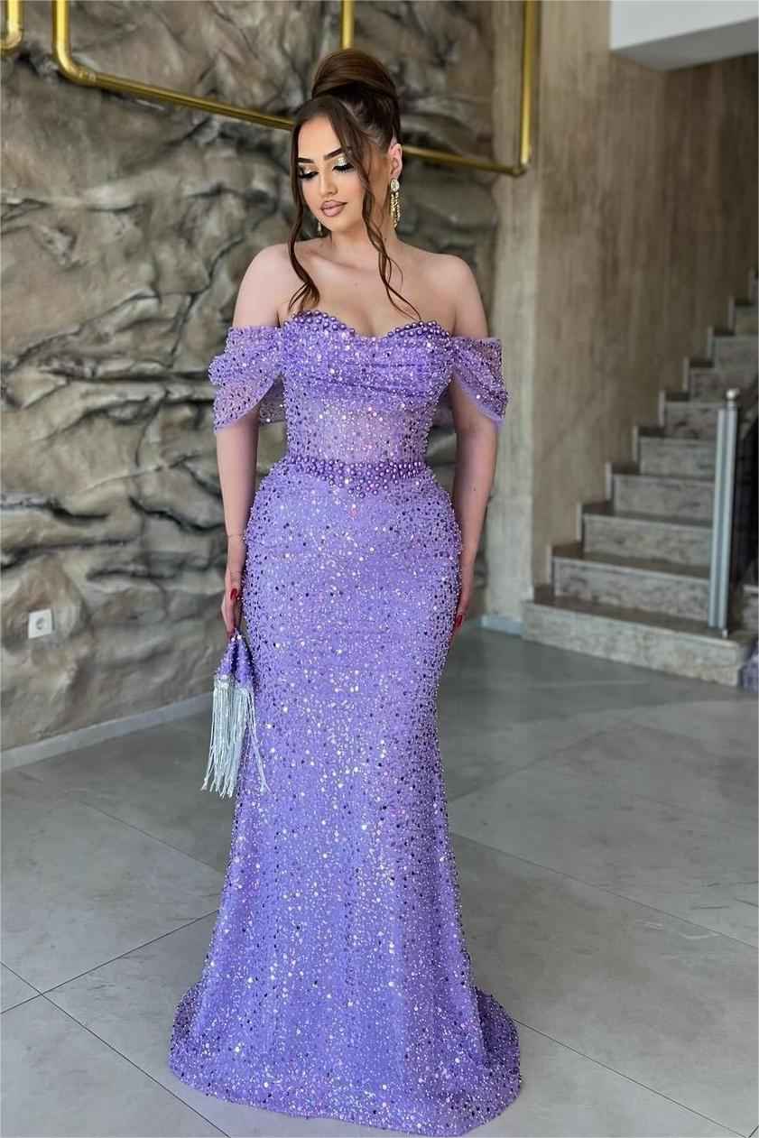 Off the Shoulder Sequins Sweetheart Mermaid Long Prom Dress With Beadings