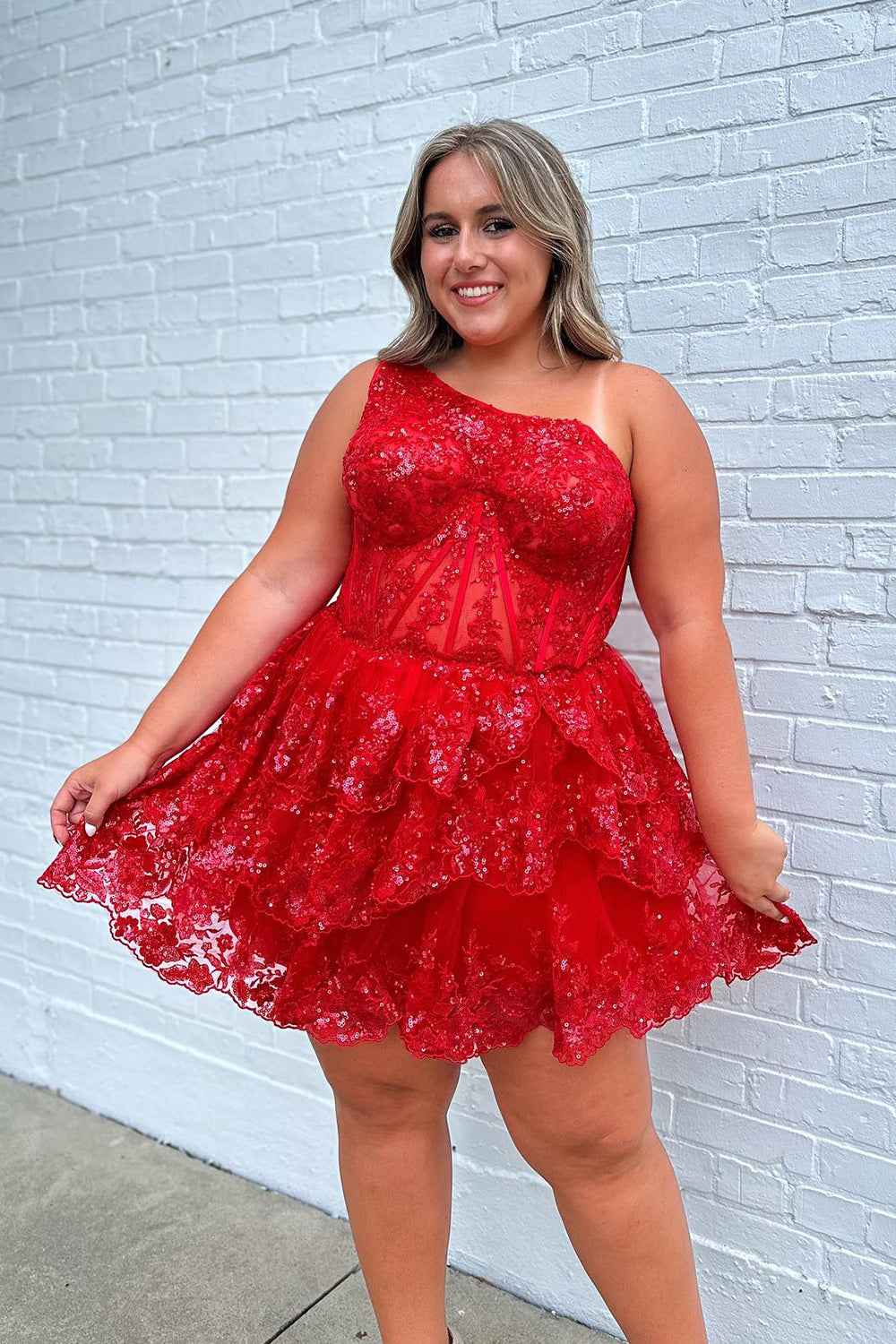 Sparkly Navy Tiered Lace One Shoulder Short Homecoming Dress Bmbride