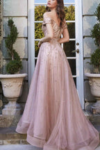 Pink Off the Shoulder Sweetheart Beads Prom Dress With Sequins Tulle