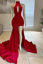 Sleeveless Mermaid High Neck Prom Dress Glorious Red With Front Split Online