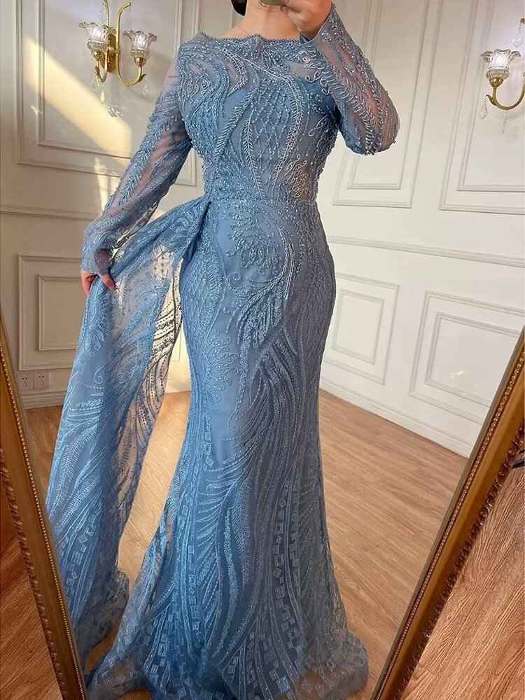 Retro Jewel Long Sleeves Embroidery Princess Mermaid Prom Dress