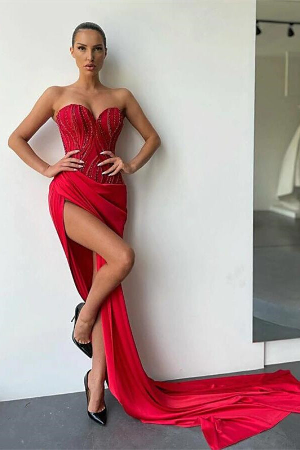 Red Sweetheart Sleeveless Long Prom Dress Mermaid Beadings With High Split BMBRIDE