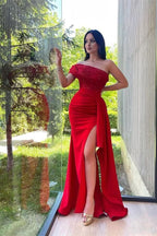 Red One Shoulder Sequins Mermaid Prom Dress with Strapless and Split BM bride