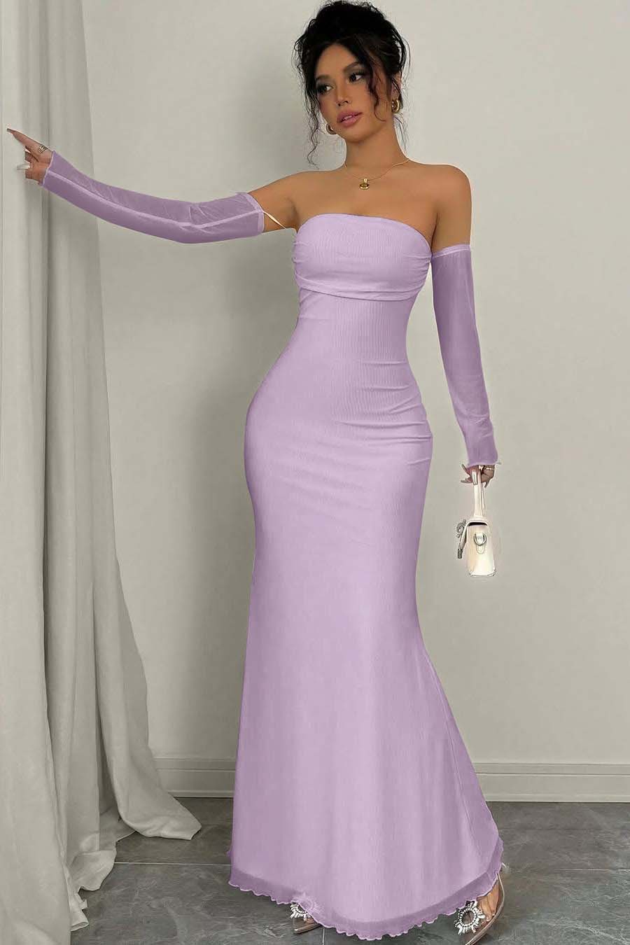 Strapless Long Mermaid Prom Dress With Detachable Sleeves Pleated BMBRIDE