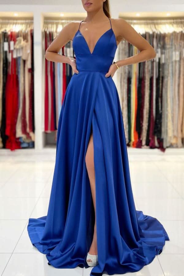 Royal Blue Spaghetti Strap V-Neck Prom Dress with Slit BM bride