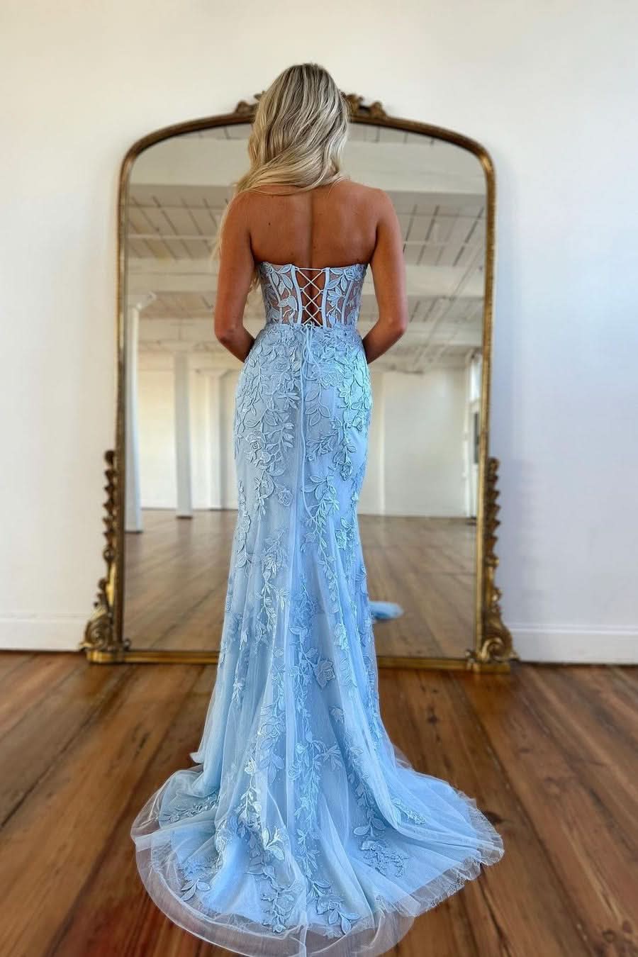 Baby Blue Prom Dress Ball Gown with Mermaid Appliques BM bride