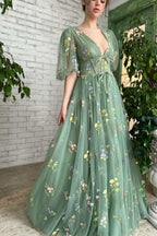 Gorgeous Deep V-Neck Evening Dress Half Sleeves with Embroidery Flowers and Tulle BM bride