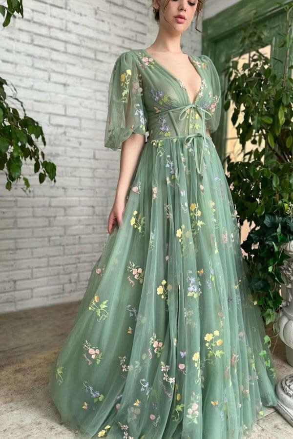 Gorgeous Deep V-Neck Evening Dress Half Sleeves with Embroidery Flowers and Tulle BM bride