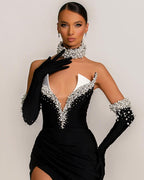 Evening Dress Black V-Neck Halter Half Sleeves Beadings Split BM bride