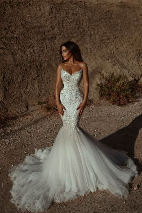 Sweetheart Backless Tulle Long Mermaid Wedding Dress with Lace Appliques BM bride