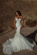 Sweetheart Backless Tulle Long Mermaid Wedding Dress with Lace Appliques BM bride