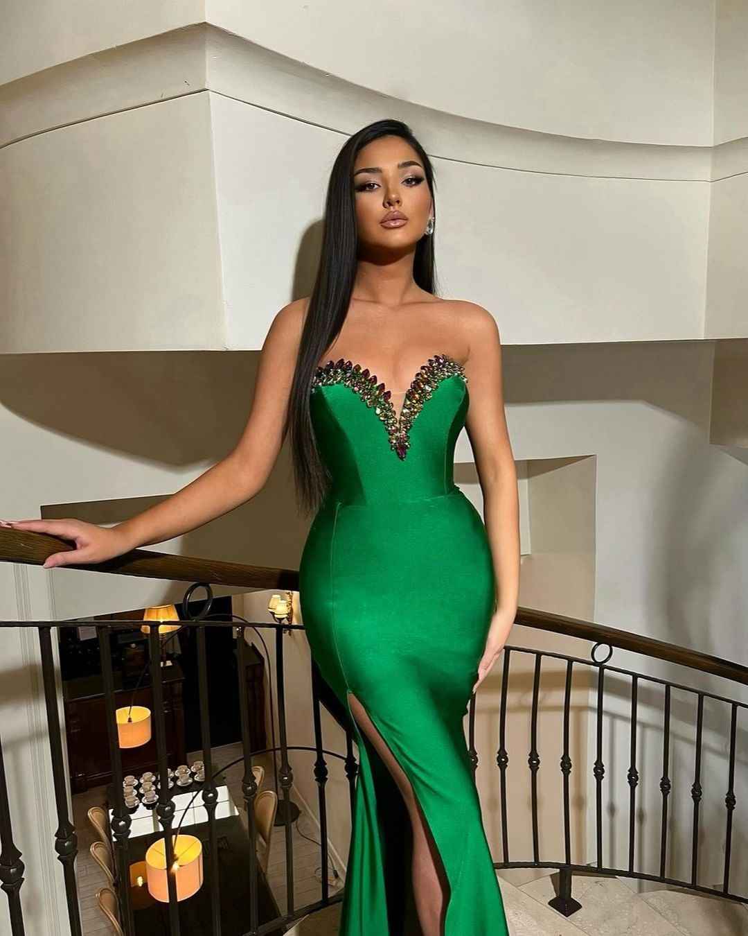 V-Neck Strapless Sleeveless Long Split Prom Dress With Rhinstones HF0007