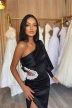 Charming Black Evening Dress with Long Sleeves, Hollowing Out, and Pleated Slit BM bride