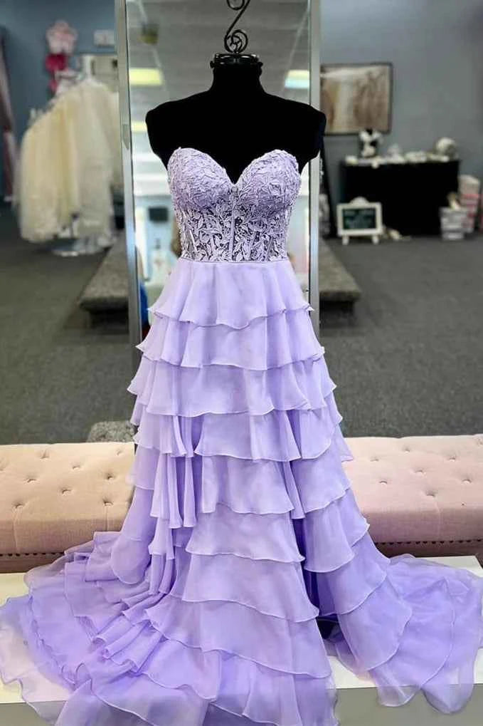 A Line Sweetheart Light Blue Long Tiered Chiffon Prom Dress with Appliques