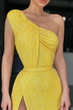 Yellow One-Shoulder Mermaid Evening Dress with Sequins and Split BM bride