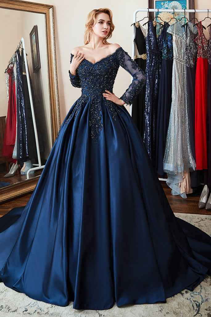 Long Sleeves Off the Shoulder Beadings Prom Dress Navy Lace With Appliques