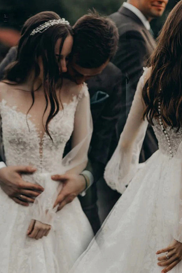 Stunning A-line Tulle Long Sleeve Lace Wedding Dress with Mesmerizing Design BM bride