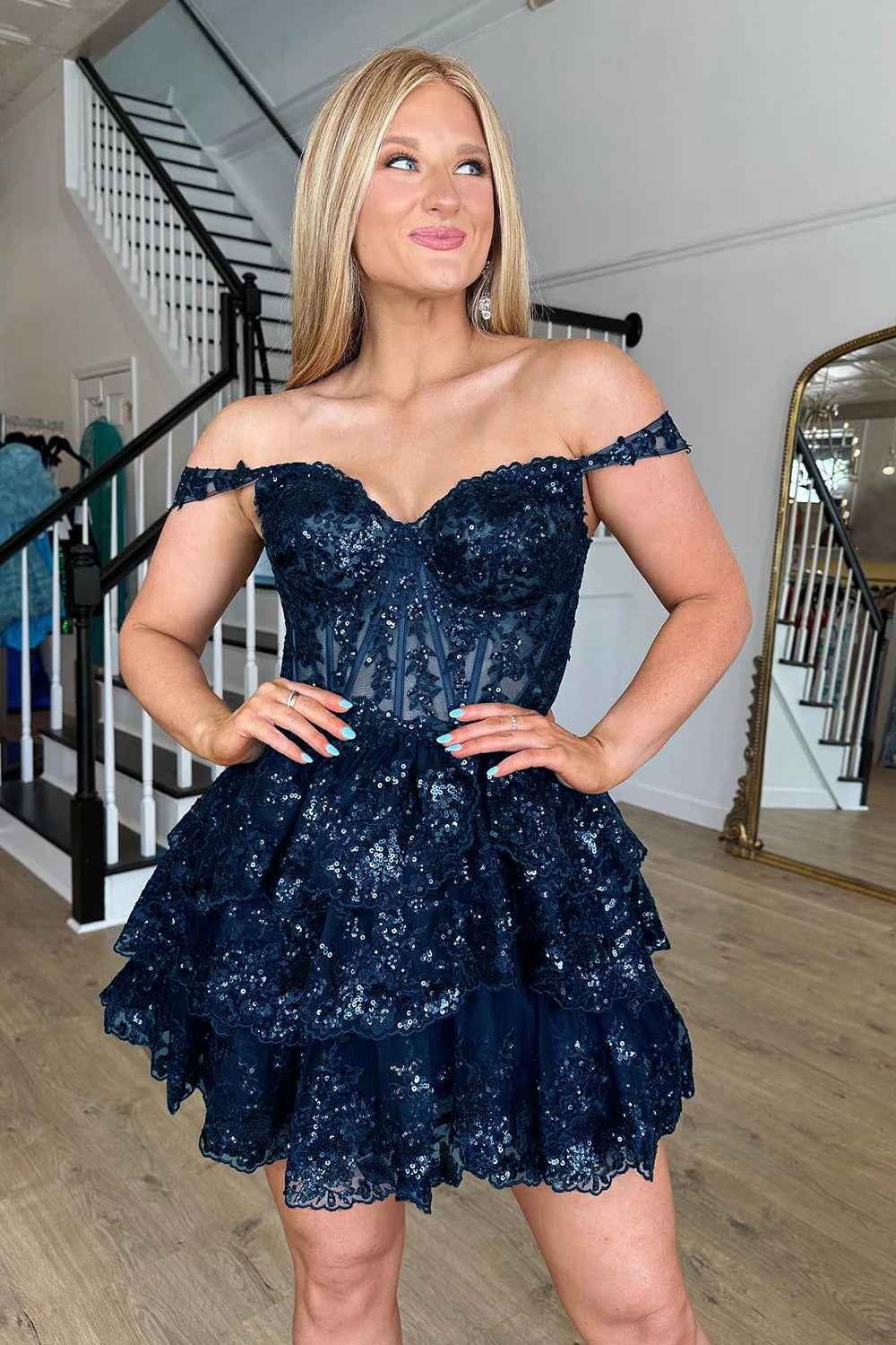Sparkly Grey A-Line Tiered Lace Short Homecoming Prom Dress Bmbride