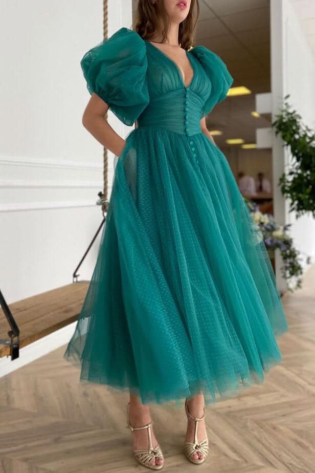 Dark Green V-Neck Short Sleeve A-Line Evening Dress On Sale BM bride