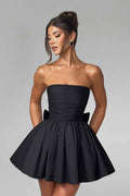 Chic Black Strapless Sleeveless A Line Short Prom Dress With Bowknot