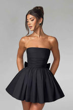 Chic Black Strapless Sleeveless A Line Short Prom Dress With Bowknot