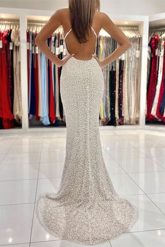 Strapless Spaghetti-Strap Sequined Mermaid Prom Dress with Open Back BM bride