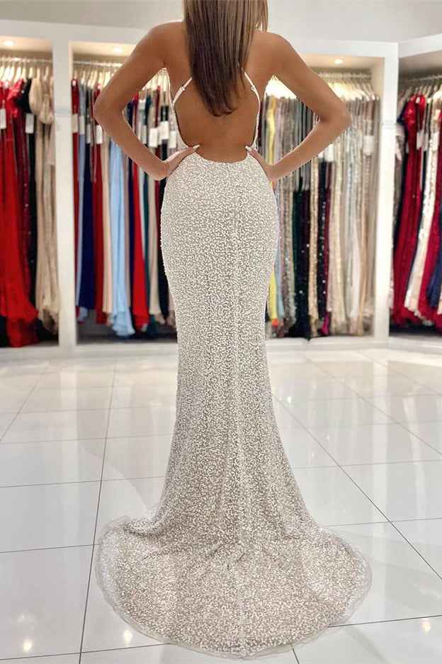 Sequins Mermaid Strapless Spaghetti Strap Long Prom Dress With Open Back