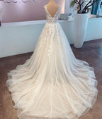 Long A-line V-neck Sleeveless Wedding Dress With Lace Tulle BM bride
