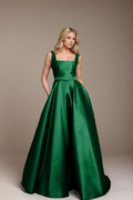 Dark Green Straps Sleeveless A Line Long Prom Dress With Belt