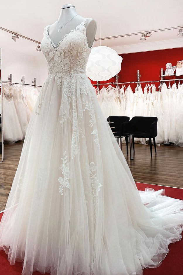 Elegant A-line Tulle V-Neck Open Back Wedding Dress With Lace Ruffles BM bride