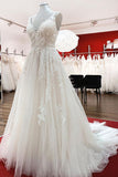 Elegant A-line Tulle V-Neck Open Back Wedding Dress With Lace Ruffles BM bride