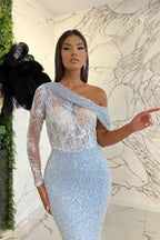 Elegant One Shoulder Long Sleeve Mermaid Evening Dress On Sale with Sequins BM bride