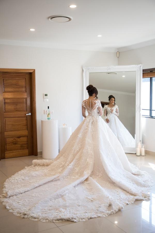 Long Sleeve A-Line Sweetheart Open Back Wedding Dress with Tulle Lace BM bride