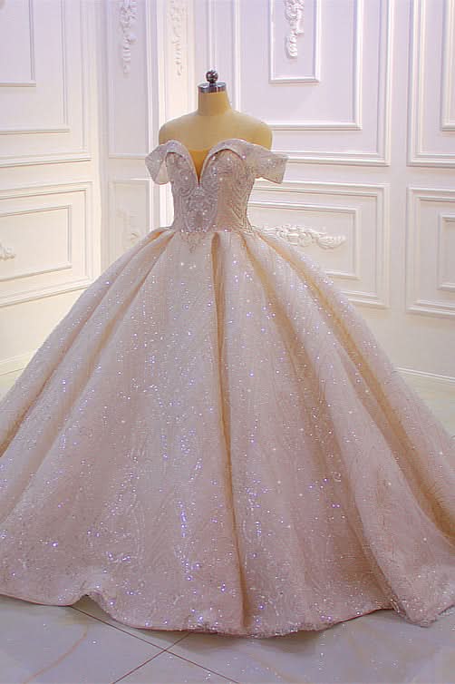 Off-the-Shoulder Satin Ruffle Ball Gown Wedding Dress with Sequins and Beadings BM bride