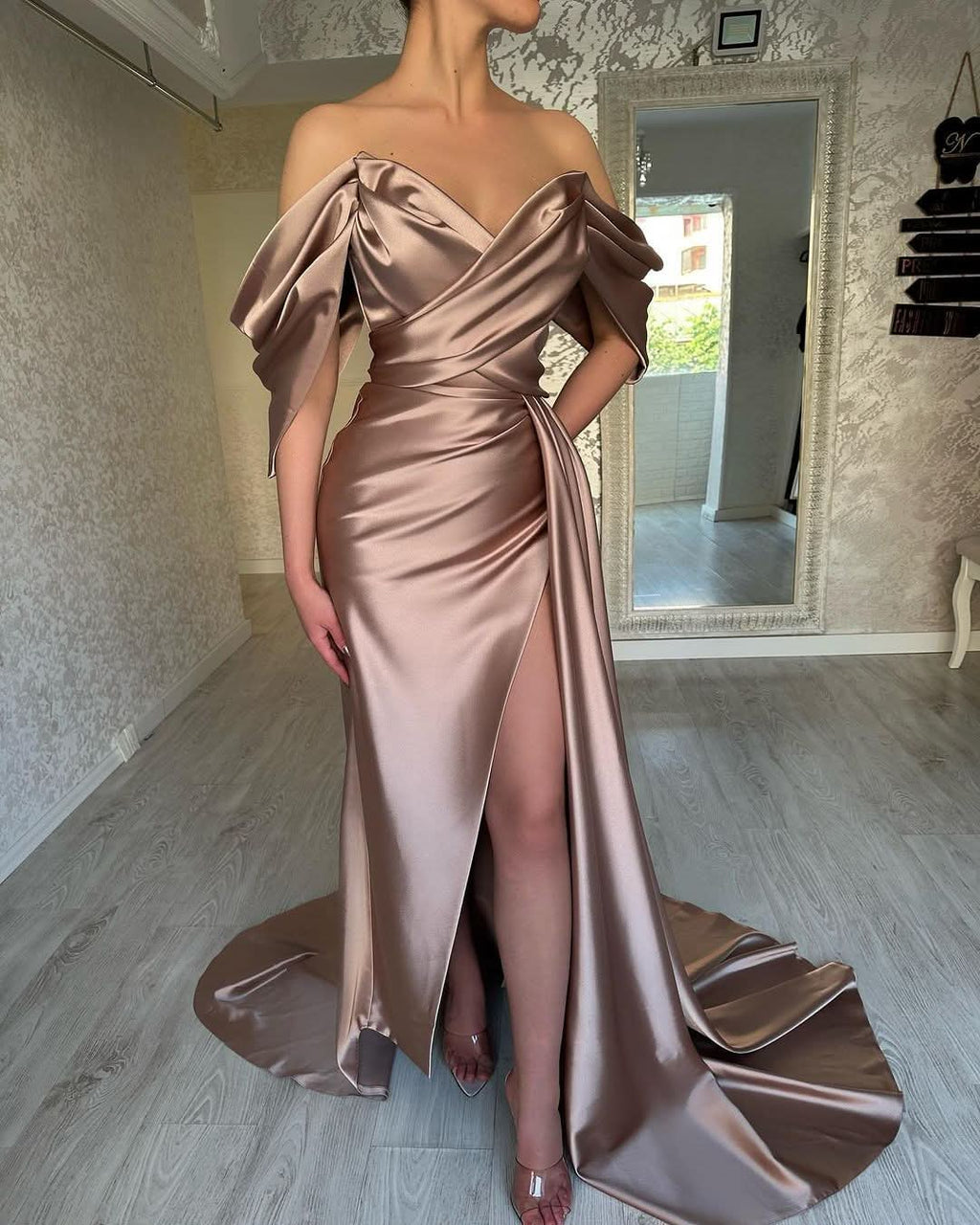 Dusty Pink Off-the-Shoulder V-Neck Prom Dress with Pleats and Split BM bride