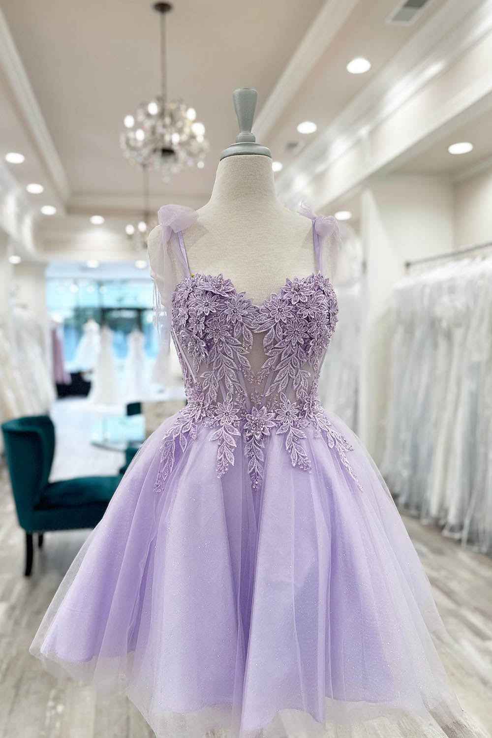 Purple Corset A-Line Tulle Short Flower Homecoming Dress with Lace Bmbride
