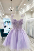 Purple Corset A-Line Tulle Short Flower Homecoming Dress with Lace Bmbride