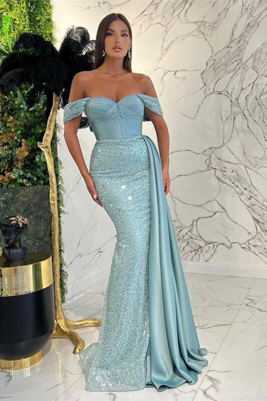 Stunning Off-the-Shoulder Sweetheart Sequined Mermaid Prom Dress with Ruffle BM bride
