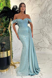 Stunning Off-the-Shoulder Sweetheart Sequined Mermaid Prom Dress with Ruffle BM bride