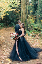 Black A-Line Strapless Tulle Long Wedding Dress with Lace Appliques BM bride