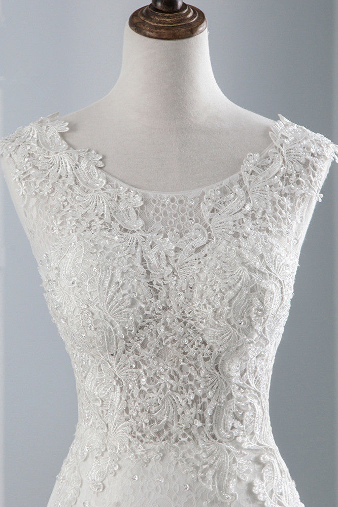 Jewel Neck Sleeveless Long Mermaid Wedding Dress with Tulle Lace Appliques BM bride